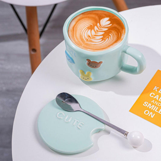 Cute Cartoon Ceramic Mug – Gift for Best Friend, with Lid & Spoon, Practical & Stylish Birthday Gift, Travel Cup