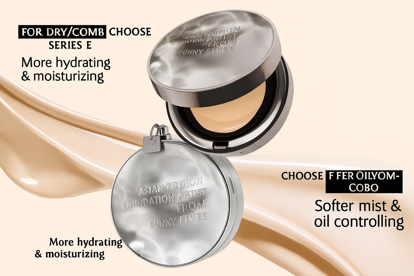 FunnyElves Power-Up Cushion Foundation for Dry & Oily Skin-Concealing, Oil-Control, Long-Lasting,Non-Cakey