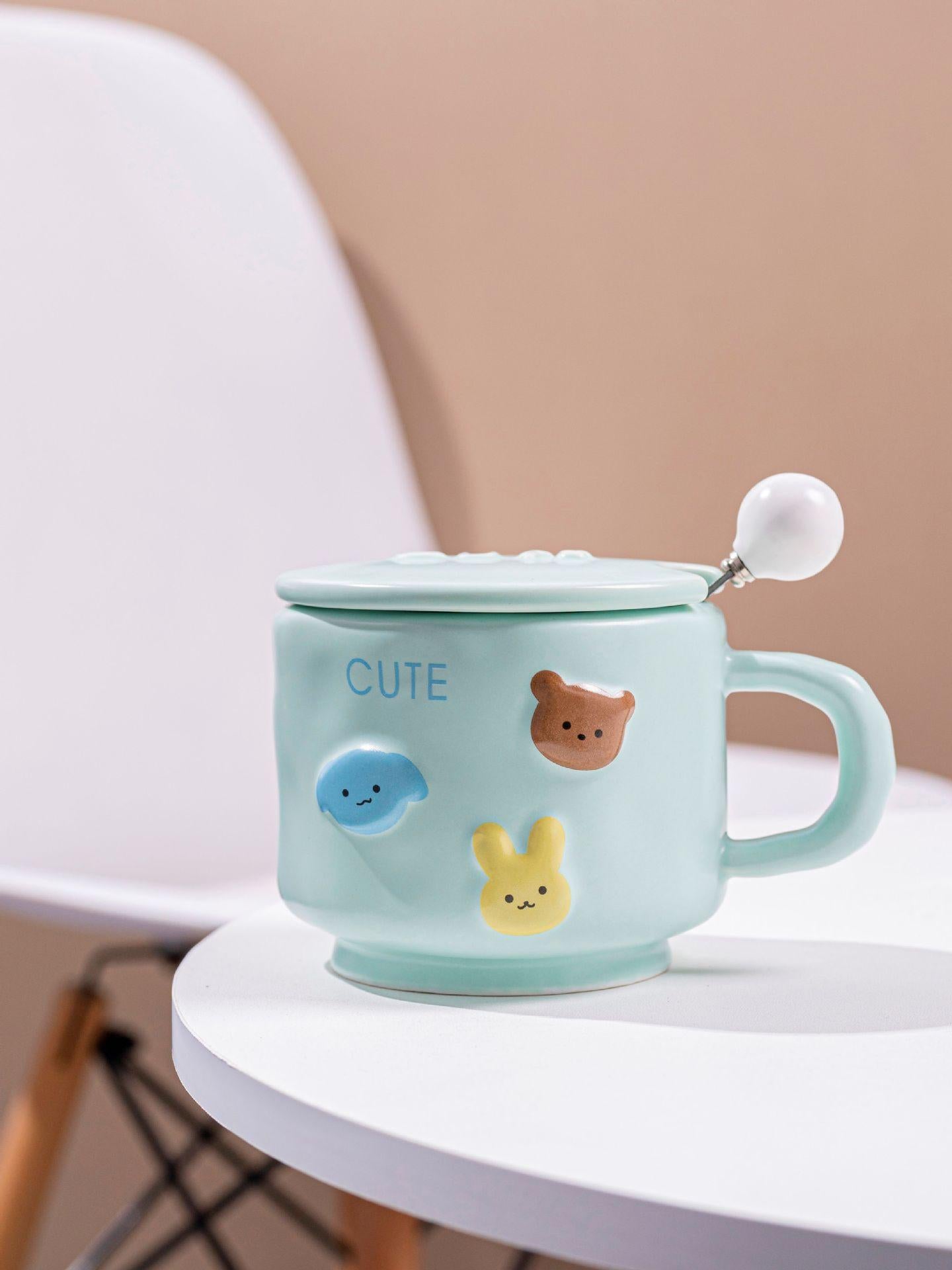 Cute Cartoon Ceramic Mug – Gift for Best Friend, with Lid & Spoon, Practical & Stylish Birthday Gift, Travel Cup