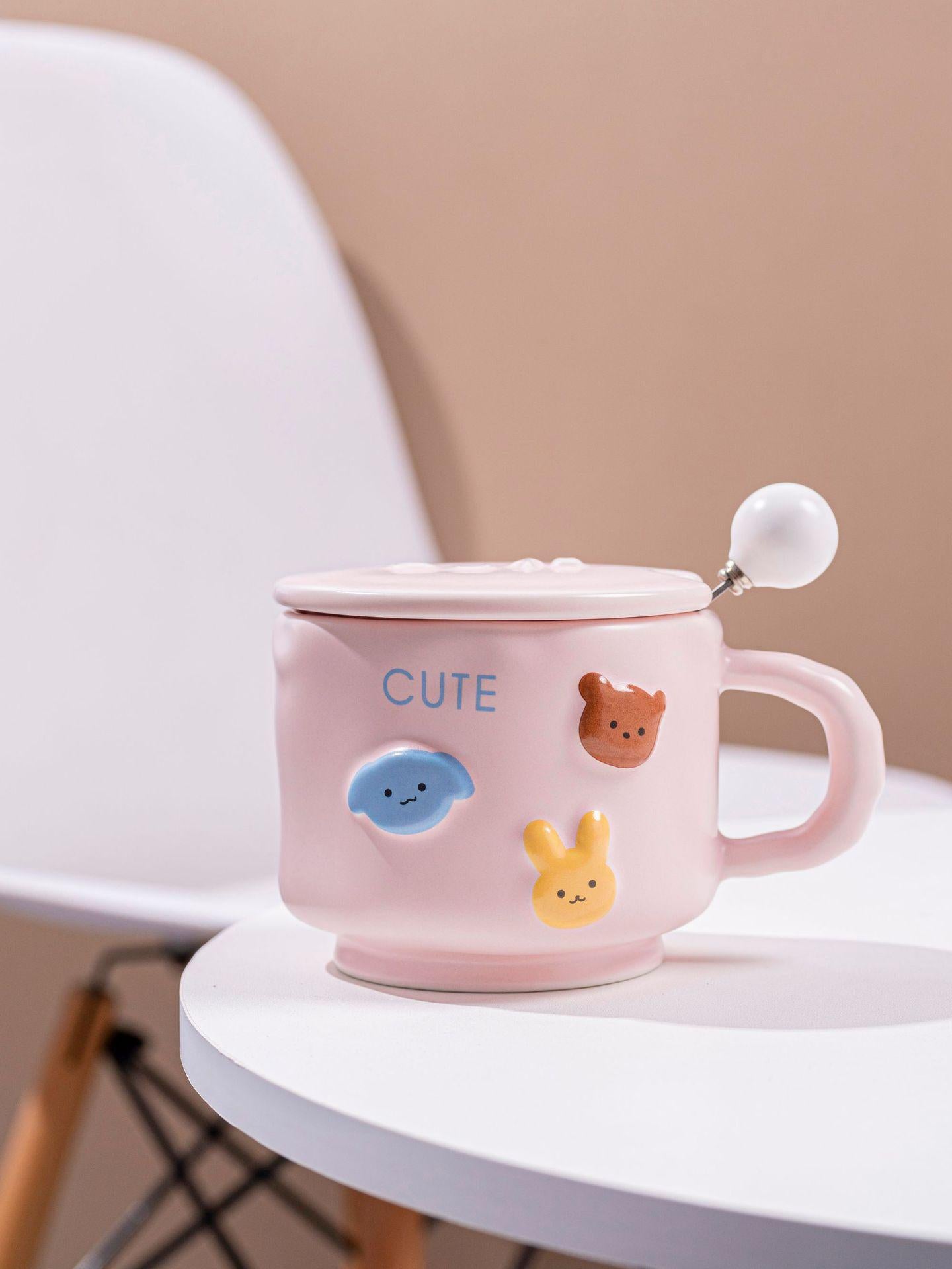 Cute Cartoon Ceramic Mug – Gift for Best Friend, with Lid & Spoon, Practical & Stylish Birthday Gift, Travel Cup