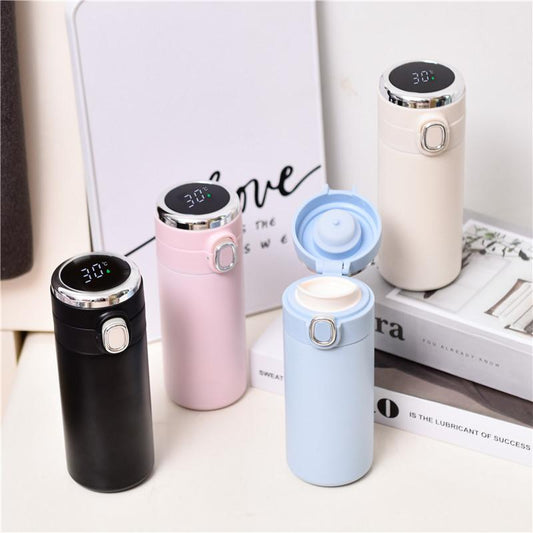 Large-Capacity Stainless Steel Thermos Bottle(420ml) – Smart Temperature Display, Flip Lid, Elegant Pea-Shape Design