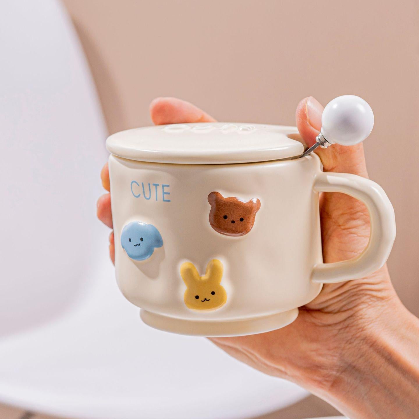 Cute Cartoon Ceramic Mug – Gift for Best Friend, with Lid & Spoon, Practical & Stylish Birthday Gift, Travel Cup