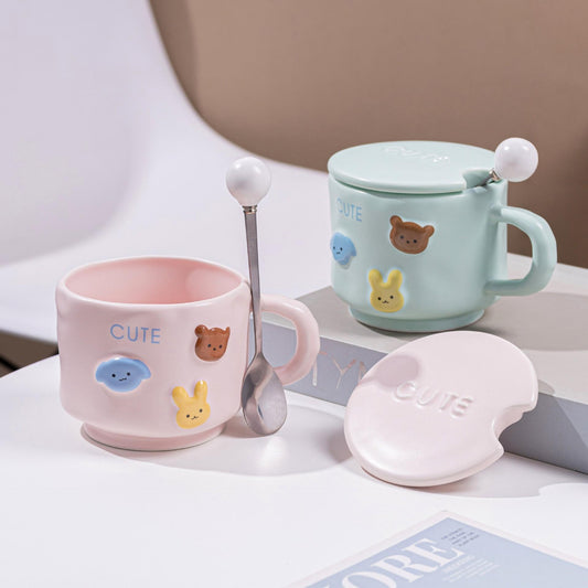 Cute Cartoon Ceramic Mug – Gift for Best Friend, with Lid & Spoon, Practical & Stylish Birthday Gift, Travel Cup