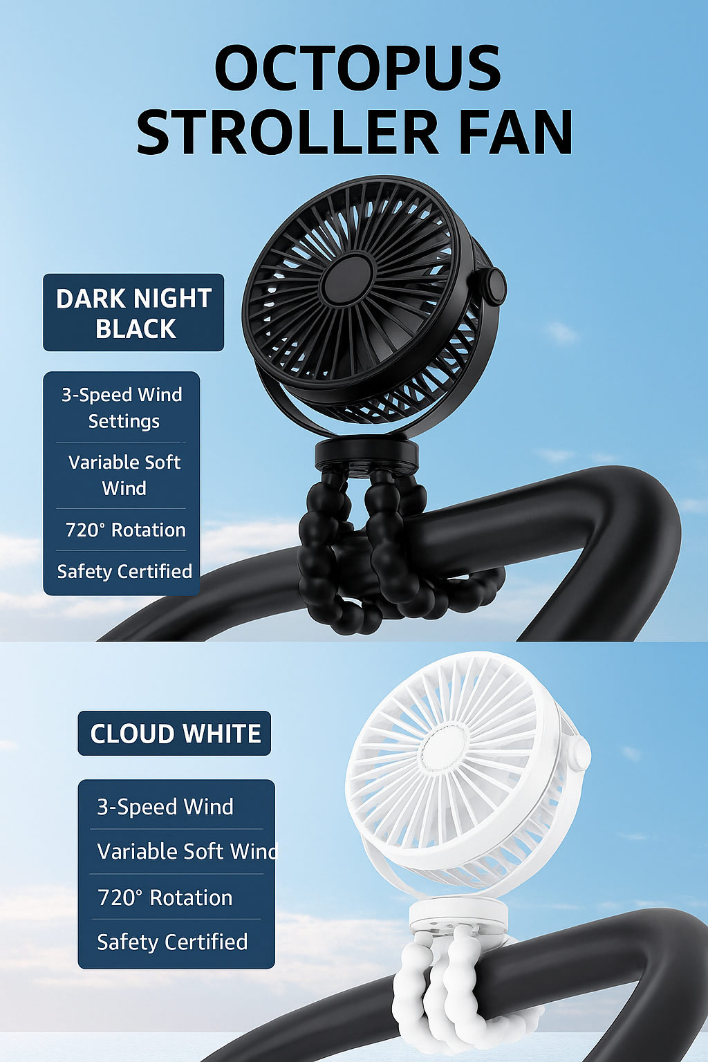 Portable Octopus Mini Fan – USB Rechargeable Stroller & Desktop Fan (Foldable & Handheld)