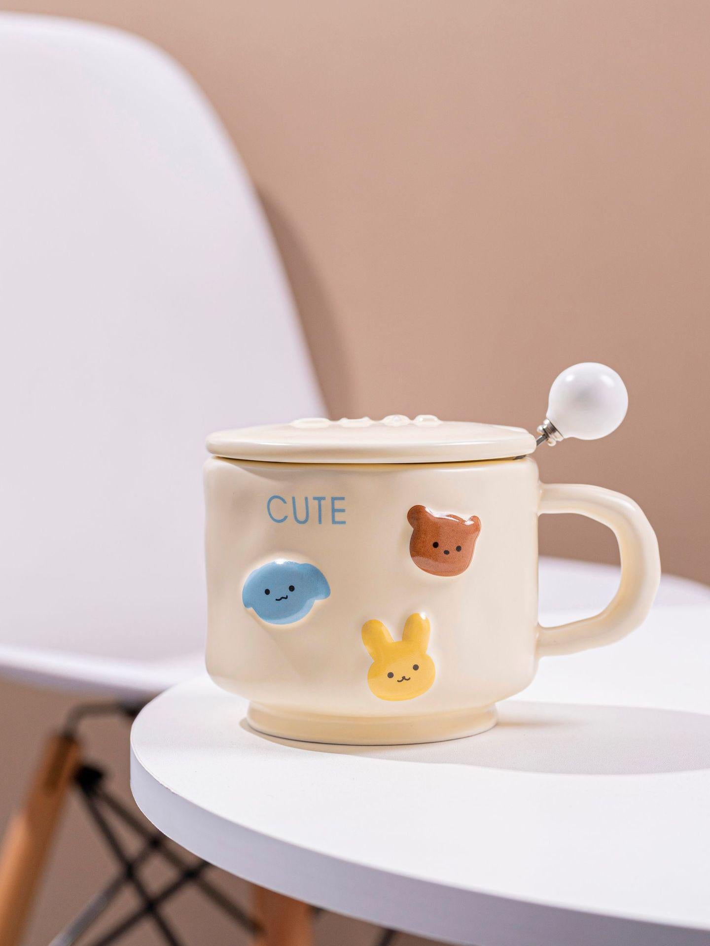 Cute Cartoon Ceramic Mug – Gift for Best Friend, with Lid & Spoon, Practical & Stylish Birthday Gift, Travel Cup
